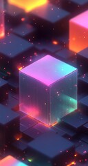 Glowing cubes atop dark blocks, vibrant lights, and texture