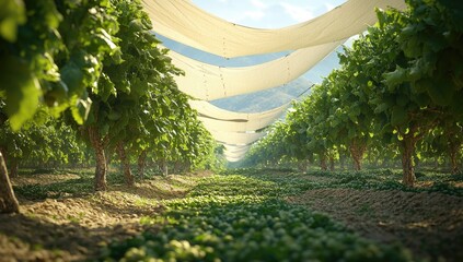 Vineyard rows with sunshade, bright, green, and inviting