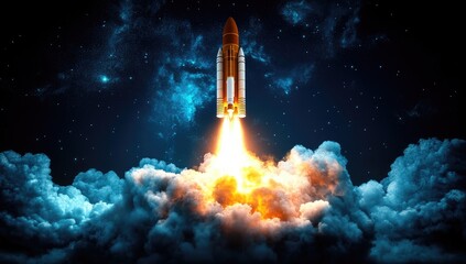 Rocket blasts off amidst vibrant clouds in a starry night