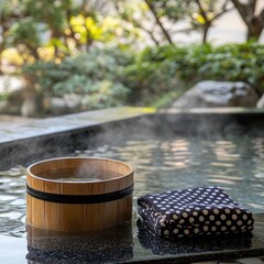 Steaming bath tub, bucket, and towel in a leafy outdoor spa