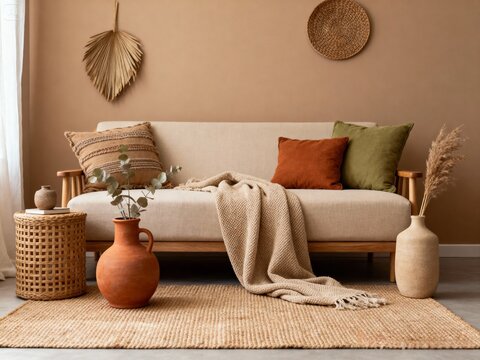 A warm, bohemian living room featuring terracotta walls, a natural fiber rug, a white sofa, and wicker and wood accents that create a cozy, earthy atmosphere.