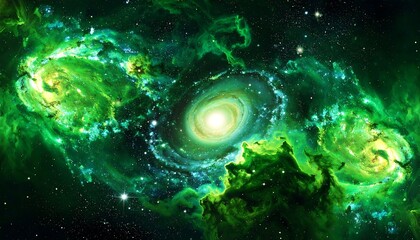 A captivating nebula swirls in space, dominated by vibrant greens and blues with a bright, central light. The cosmic landscape evokes a sense of wonder
