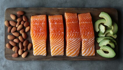 Salmon, almonds, and avocado on wood board, overhead view