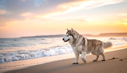 Fototapeta premium A majestic dog walks along the wet sand of a beach, framed by the warm light of a setting sun. Gentle waves lap the shoreline
