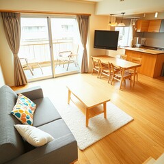 Bright apt. Modern sofa, table, TV, balcony, wood floors