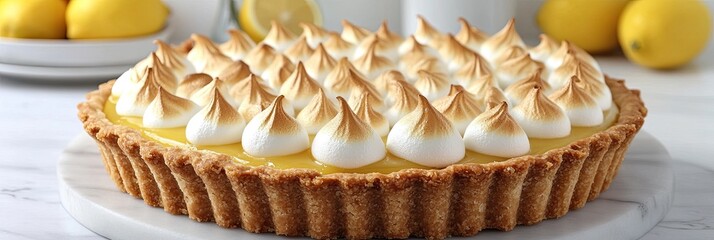 Lemon meringue tart with toasted topping on marble