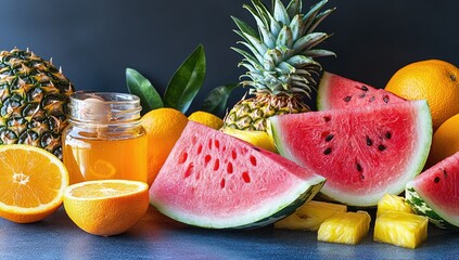 Assorted fruits include pineapple, watermelon, orange & liquid