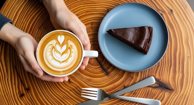 Top view of hands holding hot latte coffee with chocolate cake slice on wooden cafe table. - Powered by Adobe