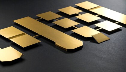 A close-up, studio shot of golden metal geometric shapes arranged on a dark background. The shapes are linked and reflect light