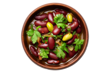 Egypt Ful medames fava bean stew with garlic, oil, lemon and cilantro in wooden bowl, top view, isolated on white transparent background, concept of Arabic healthy vegan food