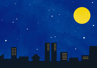 夜空に輝く満月と都市のイラスト