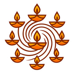 Spiral vortex of ten glowing oil lamps with orange flames, connected by swirling brown lines. Circular festive vector on white background, symbolizing light, spirituality, and Diwali celebration.