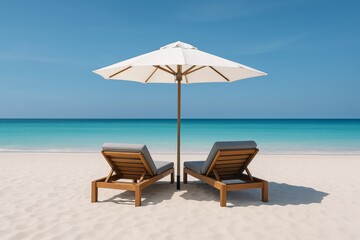 Fototapeta premium Two wooden lounge chairs under a white umbrella on a tropical beach with turquoise sea and clear blue sky, symbolizing summer relaxation and travel concept. Ai generative