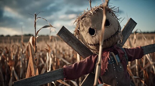 A creepy, cinematic shot of a ragged scarecrow with a burlap sack head, hollow eyes and stitched mouth, impaled on a wooden cross in a dry cornfield at dusk. Long shadows and rural horror atmosphere.