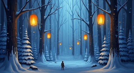 Mystical winter forest scene with glowing lanterns and a lone figure.