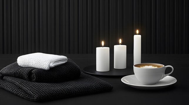Still life with cup of coffee, candles and towels on dark background