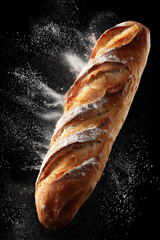 Professional food photography, rustic baguette on a black background from the top and white flour dusting powder around the bread