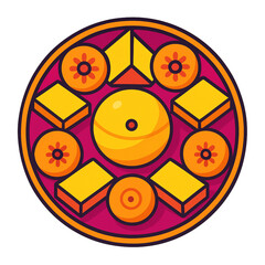 Intricate mandala-style vector with rich purple background, bold orange border, and central yellow sphere. Surrounded by cubes, floral circles, and geometric patterns, symbolizing festive Diwali spiri