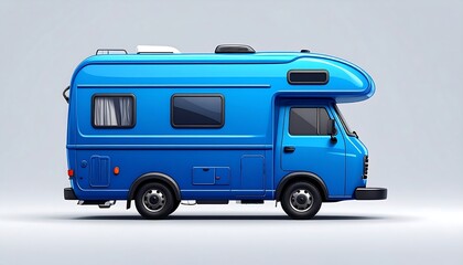Naklejka premium A stylized blue motorhome with rounded edges, windows, and wheels, isolated on a clean white background. The vehicle appears cartoonish and ready for travel