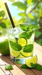 Refreshing iced beverage with lime and mint on a sunny wooden surface