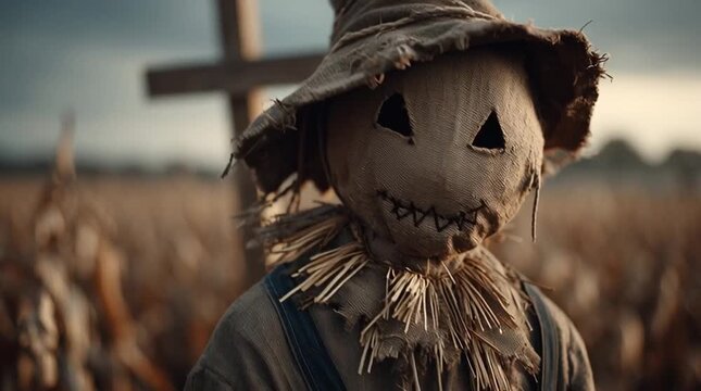 A creepy, cinematic shot of a ragged scarecrow with a burlap sack head, hollow eyes and stitched mouth, impaled on a wooden cross in a dry cornfield at dusk. Long shadows and rural horror atmosphere.