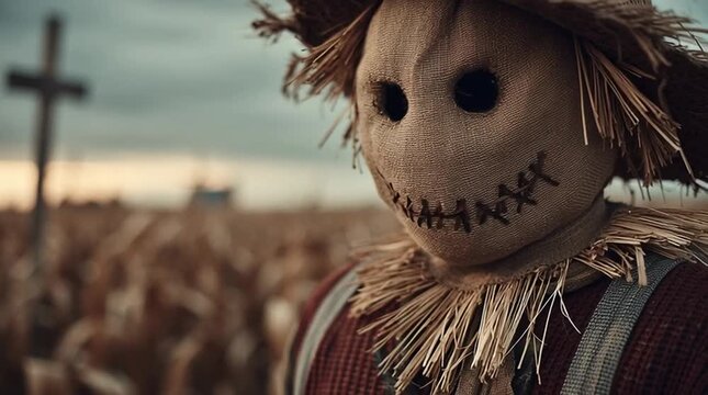 A creepy, cinematic shot of a ragged scarecrow with a burlap sack head, hollow eyes and stitched mouth, impaled on a wooden cross in a dry cornfield at dusk. Long shadows and rural horror atmosphere.
