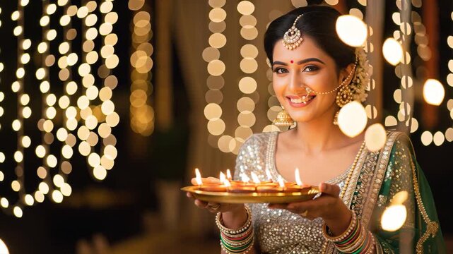 Young indian woman holding oil lamp on diwali festival 