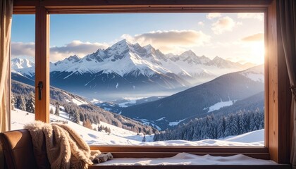 Winter mountain view from cozy window