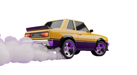 Stylish yellow vintage car with sporty spoiler and chrome rims drives away leaving smoke