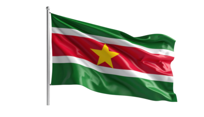 Depicting the national flag of Suriname, this vibrant image showcases a flag billowing in the wind, featuring bold colors including red, white, green, and a prominent yellow star against a black...