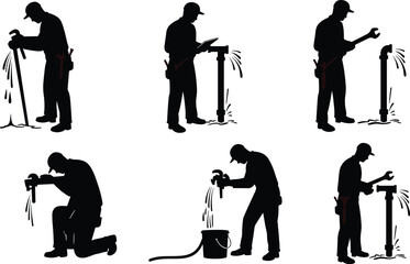 Black Silhouette Set of Plumber Repairing Leaking Pipe and Water Faucet, Using Wrench, Maintenance Service, Isolated Vector Graphics for Trade and Utilities

.