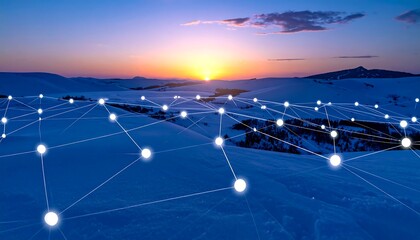 A network overlay on a snowy mountain range at sunset. Bright nodes and connecting lines illustrate data flow across the vast landscape