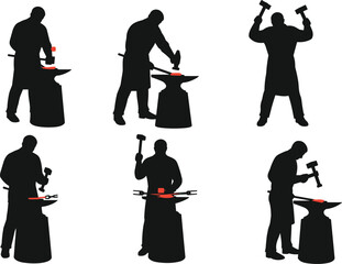 Black Silhouette Set of Blacksmith Forging Hot Metal on Anvil with Hammer, Working Hard, Traditional Craftsmanship, Isolated Vector Graphics

.