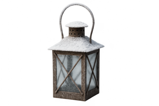 Snow covered vintage lantern in winter light