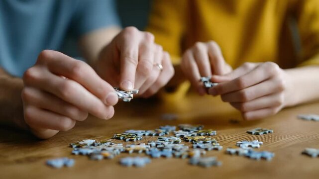 Engaging in a Creative Puzzle Solving Activity Together, Demonstrating Collaboration and Focus While Arranging Interlocking Pieces on a Wooden Table