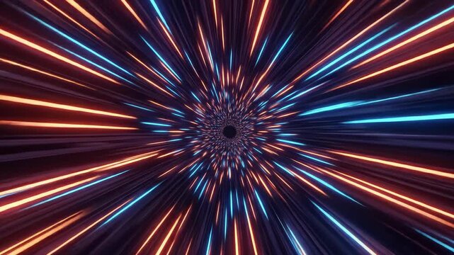 Dynamic hyperspace jump with glowing orange and blue light streaks in tunnel