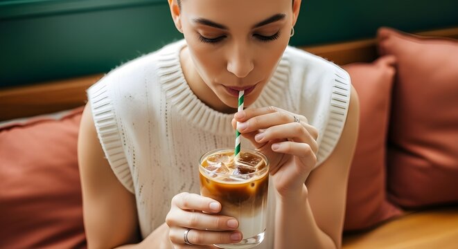 Woman drinking iced latte coffee through a straw sitting comfortably in a modern cafe.