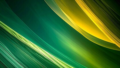 A vibrant abstract design featuring flowing, layered lines in shades of green and yellow, creating a dynamic and luminous visual effect