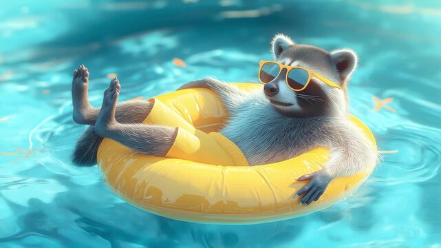 Cool Raccoon Chillin&rsquo; in Pool Float with Sunglasses