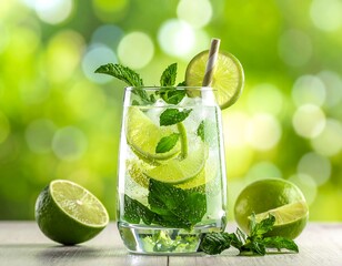Refreshing summer drink in glass with lime slices and mint sprigs