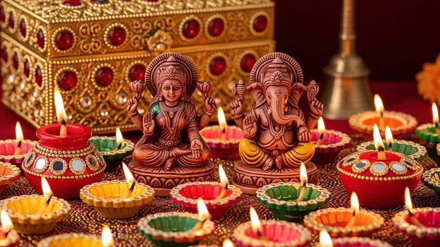 Lord ganesha and goddess Laxmi sculpture with traditional oil lamp  