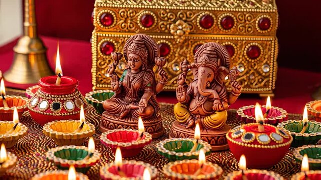 Lord ganesha and goddess Laxmi sculpture with traditional oil lamp  