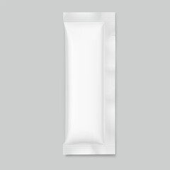 Three seal sachet mockup. Hyper realistic. Vector illustration isolated on grey background. Flat lay view. Packaging for cosmetic, food, pet. Ready for your design. EPS10.