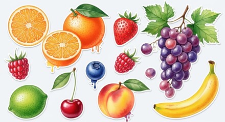 Obraz premium Vibrant Watercolor Fruit Stickers Collection for Healthy Eating Concept