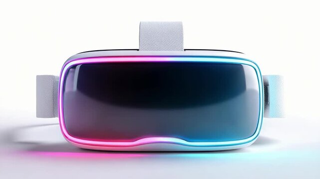 A white virtual reality headset with a dark visor and glowing blue, pink, and purple LED trim.