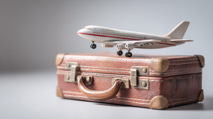 Travel insurance concept, miniature airplane model placed on a vintage suitcase, symbolizing traveler protection and safety