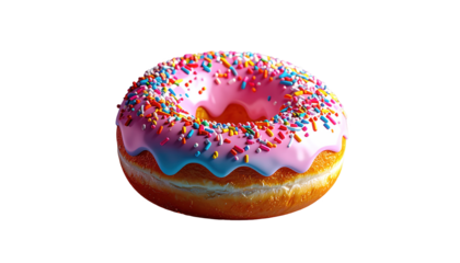 Deliciously glazed donut with pink frosting and colorful sprinkles sits against a black background.