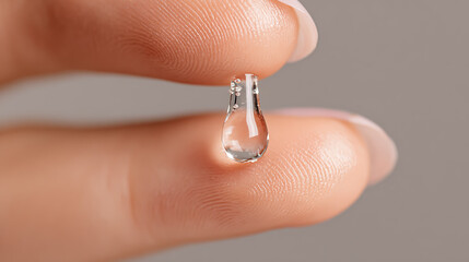 Ultra-detailed macro close-up of a transparent skincare serum droplet resting on a human fingertip, perfect lighting, soft focus background