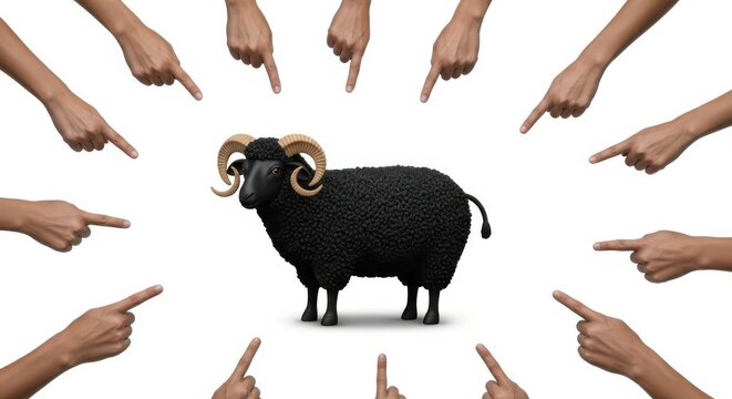 Black sheep surrounded by pointing fingers, representing exclusion or blame
