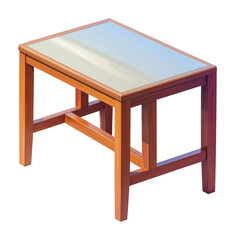 Wooden table with a reflective surface, featuring a rectangular design with angled legs and cross-bracing, shown against a dark background; the image conveys a minimalist aesthetic with warm,...